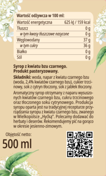 Tył etykiety syropu z bzu czarnego 500 ml, z tabelką wartości odżywczych, składem i kodem QR na tle kwiatów bzu.