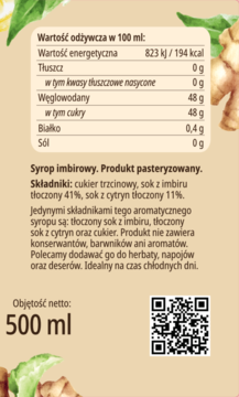 Etykieta syropu imbirowego 500ml z informacją o składzie: cukier trzcinowy, sok imbirowy 41%, cytrynowy 11%. Bez konserwantów.