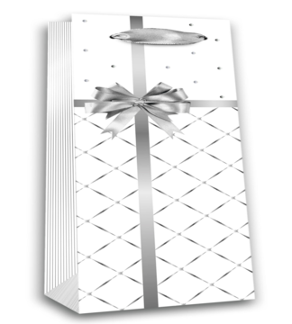 Elegancka biała torba prezentowa z diamentowym wzorem, srebrną wstążką i uchwytem. Ujęcie pionowe.