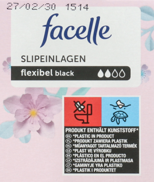 Opakowanie czarnych wkładek Facelle flexibel black, różowe tło, ikony o plastiku i nie spłukiwaniu.