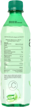 Tył butelki napoju Aloe Vera z kolagenem i witaminą C, widoczne dane odżywcze i zielone liście aloesu.