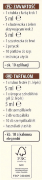 Opakowanie henny ISANA Lash Color z listą zawartości (farba, żel, akcesoria) w języku polskim i węgierskim.
