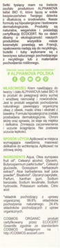 Szczegółowa etykieta ALPHANOVA BÉBÉ BIO nawilżającego kremu do twarzy/ciała, skład i certyfikat ECOCERT.