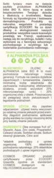 Pełny tekst etykiety kremu pod pieluszkę ALPHANOVA bébé BIO, z opisem właściwości, użycia i składników.