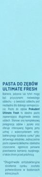 Opis pasty do zębów Prokudent Ultimate Fresh na jasnoniebieskim tle, z tekstem o długotrwałym świeżym oddechu.