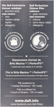 Pionowe opakowanie filtra Dafi PerfectLine Unimax, z opisem działania i zgodności z Brita Maxtra.