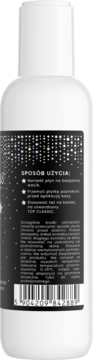 Tył białej butelki płynu do odtłuszczania paznokci. Czarna etykieta ze wzorem, polską instrukcją i kodem kreskowym.