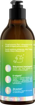 Tył brązowej butelki żelu pod prysznic Body in Balance Kids Kiwi i winogrono, etykieta zielono-niebieska.