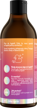 Tył brązowej butelki płynu do kąpieli Cola dla dzieci, z kolorową etykietą, tekstem i ikoną kaczki.