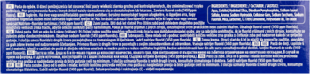 Niebieskie opakowanie produktu do wybielania zębów, widok z tyłu z drobnym, białym tekstem.