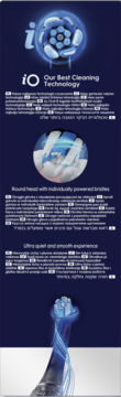Oral-B iO 6 elektryczna szczoteczka: banner z bliskimi ujęciami główki i technologii iO.
