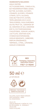 Tył opakowania kremu Ziaja, białe tło, lista składników, 50 ml, FSC i symbole recyklingu.