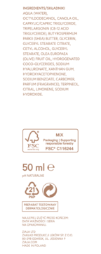 Tył opakowania kremu Ziaja, widoczna lista składników, certyfikat FSC, 50 ml i informacje o recyklingu PAP.