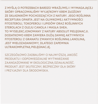 Tekst o kremie do wrażliwej skóry z naturalnych składników: fitosterole, masło shea, lanolina. Eko i bezpieczny.