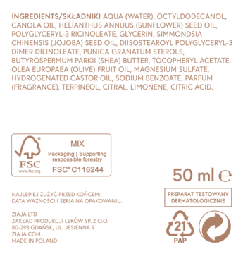 Tył opakowania kremu Ziaja, widok na listę składników, certyfikat FSC i symbole recyklingu.
