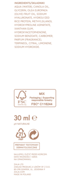 Tył opakowania serum Ziaja z listą naturalnych składników: peptydy ryżowe, olej oliwkowy. Certyfikat FSC, 30 ml.