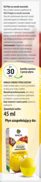 Etykieta VACO Płyn uzupełniający 45ml na muszki owocówki, z opisem i żółtą pułapką cytrynową.