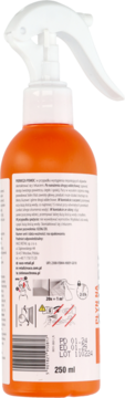 Butelka 250 ml pomarańczowego sprayu na pluskwy, tył opakowania z etykietą, piktogramy, data ważności.