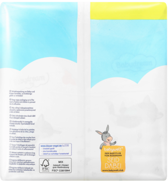 Tył opakowania pieluszek jednorazowych Maxi. Biała paczka z niebiesko-żółtymi chmurkami, osiołkiem i logo Skin Care.