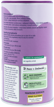 Tył fioletowego opakowania Babydream, instant napój owocowy dla dzieci, z instrukcjami przygotowania i ekologii.