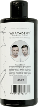 Tył butelki szamponu WS Academy z wyciągiem z 12 ziół, czarna z białą etykietą, zdjęciem mężczyzn.