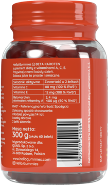 Tył butelki Hello Gummies Beta Karoten, suplementu z witaminami A, C, E, z tabelą składników i dawkowaniem.