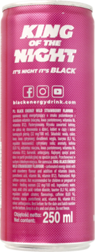 Różowa puszka King of the Night energy drink, widok z tyłu z etykietą składników i pojemnością 250 ml.