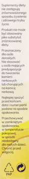 Tył opakowania suplementu diety Ascorvita MAX z polskim tekstem ostrzegawczym i symbolami recyklingu PAP na żółtym tle.
