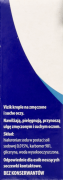 Tył niebieskiego opakowania kropli Vizik, z białym tekstem opisującym skład i działanie dla zmęczonych oczu, bez konserwantów.