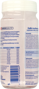 Tył białej butelki żelek multiwitaminowych, widoczna tabela składu odżywczego i kod kreskowy.
