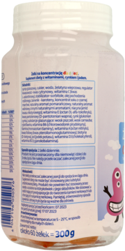 Tył białej butelki suplementu diety Żelki na koncentrację dla dzieci, widoczna etykieta ze składem.