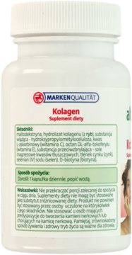 Tył białej butelki suplementu Kolagen rybi, z etykietą pokazującą skład, dawkowanie i ostrzeżenia.
