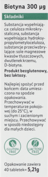 Białe opakowanie suplementu Biotyna 300 µg, z zielonym nagłówkiem, opisujące skład i brak glutenu/laktozy.