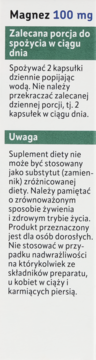 Etykieta Magnez 100 mg: dawkowanie (2 kaps. dziennie), ostrzeżenia, m.in. dla kobiet w ciąży i karmiących piersią.