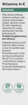 Tył opakowania suplementu Witamina A+E, z czytelną listą składników oraz piktogramami bez glutenu i laktozy.