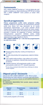 Strona z instrukcjami HIPP 3 JUNIOR COMBIOTIK, z opisem przygotowania mleka i tabelą dozowania na białym tle.