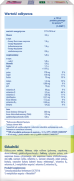 HiPP JUNIOR COMBIOTIK, tył opakowania z białą tabelą wartości odżywczych i listą składników.