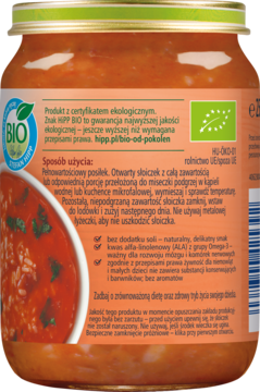 Tył słoiczka Hipp BIO zupka dla dzieci, opis składników, certyfikat ekologiczny, ALA Omega-3.