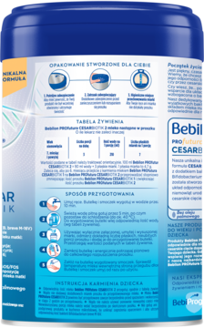 Niebieskie opakowanie mleka modyfikowanego Bebilon PROfutura CESARBIOTIK 2, widok z tyłu z instrukcją użycia.
