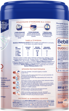Tył opakowania mleka początkowego Bebilon PROfutura DUOBIOTIK 1; niebiesko-biała puszka z tabelą żywienia.