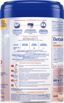 Tył niebiesko-białego opakowania Bebilon Profutura DUOBIOTIK 3 (800g), z tabelą żywienia, instrukcją i informacją „bez oleju palmowego”.
