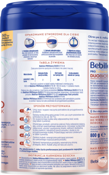 Opakowanie Bebilon Profutura DUOBIOTIK 4, widok z tyłu, z tabelą żywienia i instrukcją przygotowania.