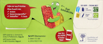 Tył zielonego opakowania batonika HiPP BIO Owsiany. Widoczny żółw, informacje o składzie i recyklingu.