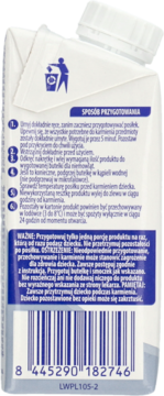 Tył opakowania Nan Optipro Plus 2 Hmo w płynie, biała kartka z instrukcją przygotowania i kodem kreskowym.