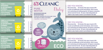 Cleanic Baby ECO Pure Water biodegradable wipes. Front view of white pack, cute seal, 3x50, plastic recycling bin.