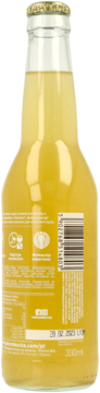 Tył butelki napoju kombucha 330ml z żółtym płynem, widocznym kodem kreskowym, ikonami i datą ważności.