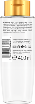 Tył butelki Dermika Kawiorowa Woda Micelarna 400 ml z widocznymi składnikami i kodem kreskowym.