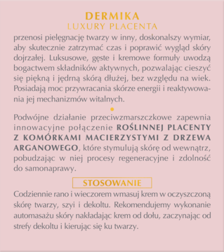 Beżowa etykieta z tekstem produktu Dermika Luxury Placenta, opisująca skład i użycie kremu z placentą i arganem.