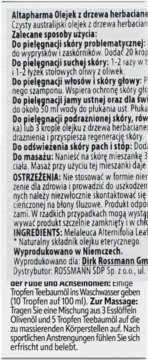 Tył opakowania olejku herbacianego Altapharma z instrukcjami użycia w języku polskim i niemieckim.