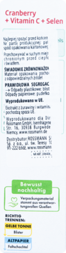 Tył białego opakowania suplementu Cranberry + Vitamin C + Selen, widoczne informacje o składzie i recyklingu.